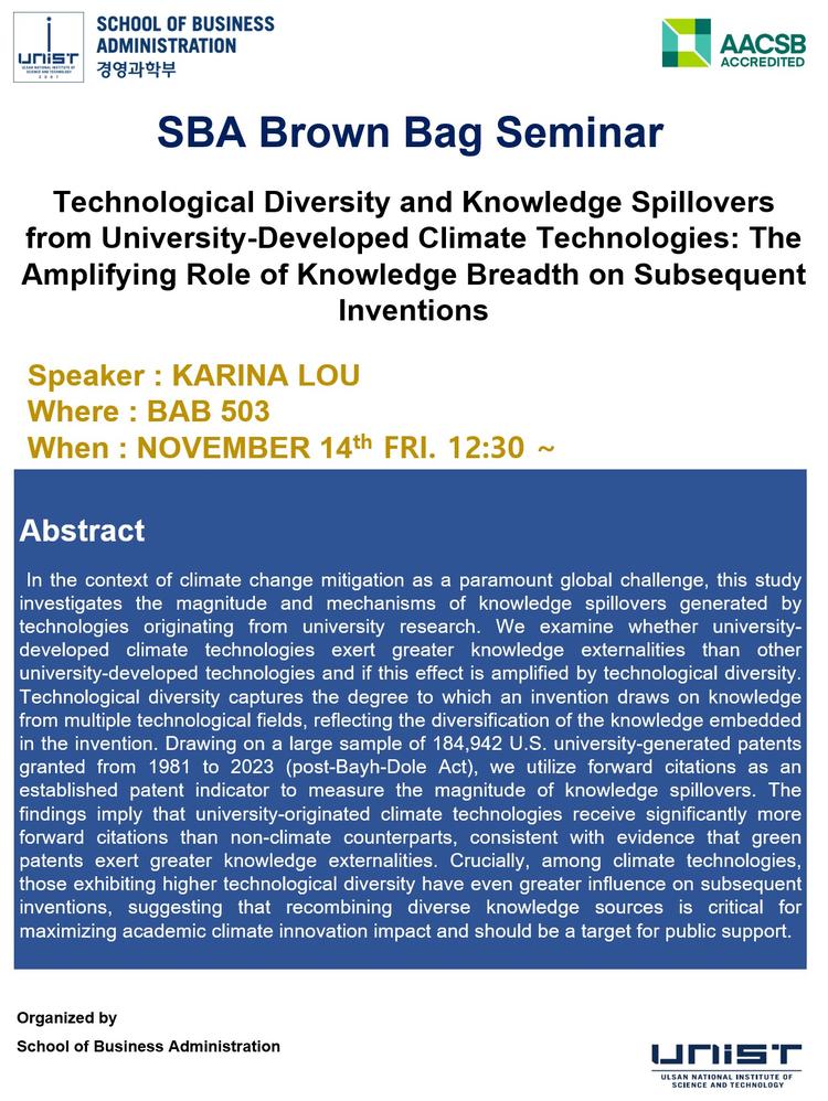 [2025 SBA Brown Bag Seminar] Technological Diversity and Knowledge Spillovers from University-Developed Climate Technologies: The Amplifying Role of Knowledge Breadth on Subsequent Inventions