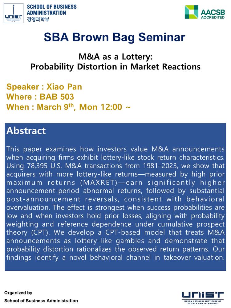 [2026 SBA Brown Bag Seminar] M&A as a Lottery:  Probability Distortion in Market Reactions