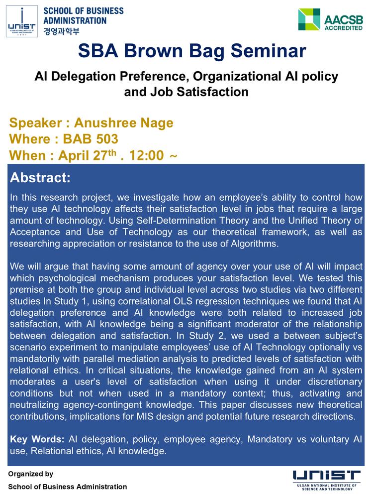 [2026 SBA Brown Bag Seminar] AI Delegation Preference, Organizational AI policy and Job Satisfaction