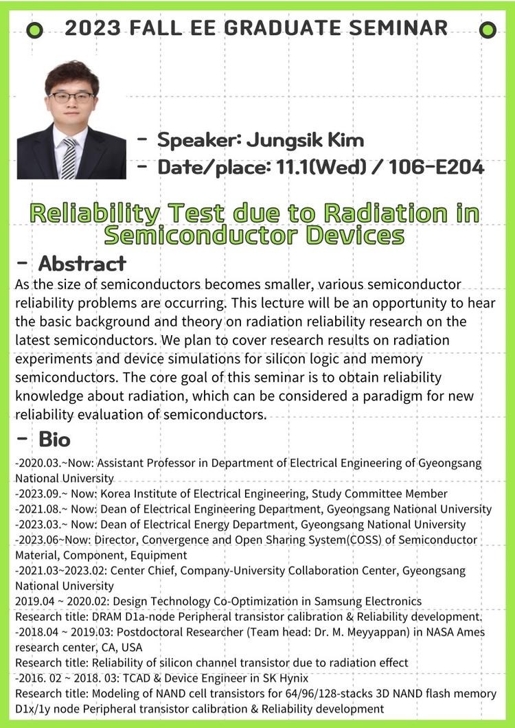 EE Graduate Seminar(Reliability Test due to Radiation in Semiconductor Devices)