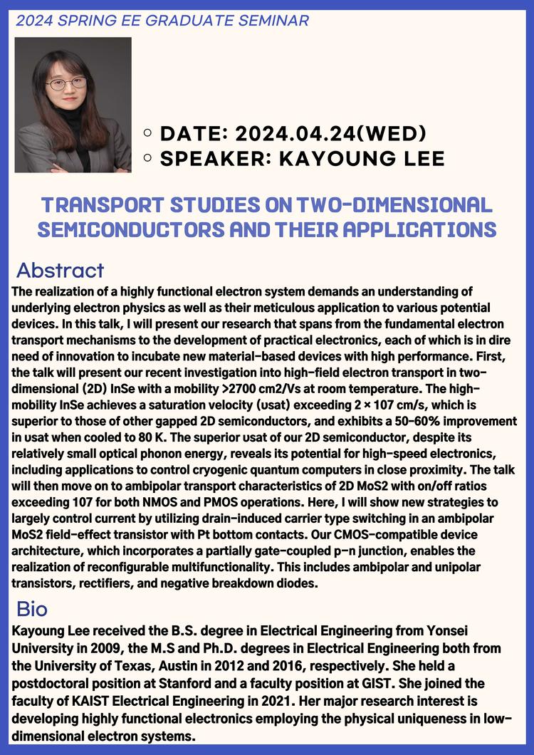 EE Graduate Seminar(Title: High field transport in InSe and ambipolar transport in MoS2)