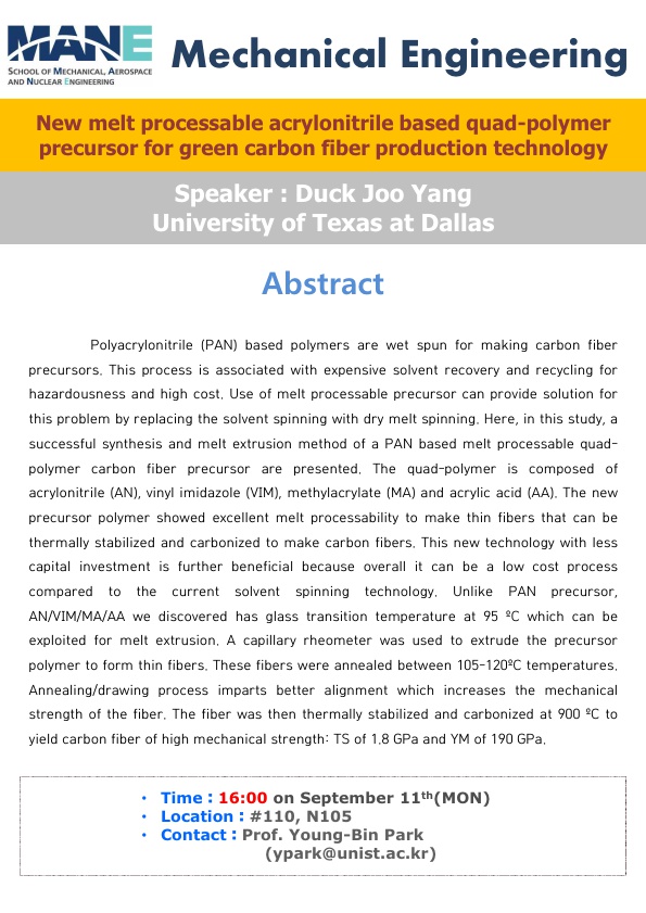 [MEN] New Melt Processable Acrylonitrile-based Quad-polymer Precursor for Green Carbon Fiber Production Technology